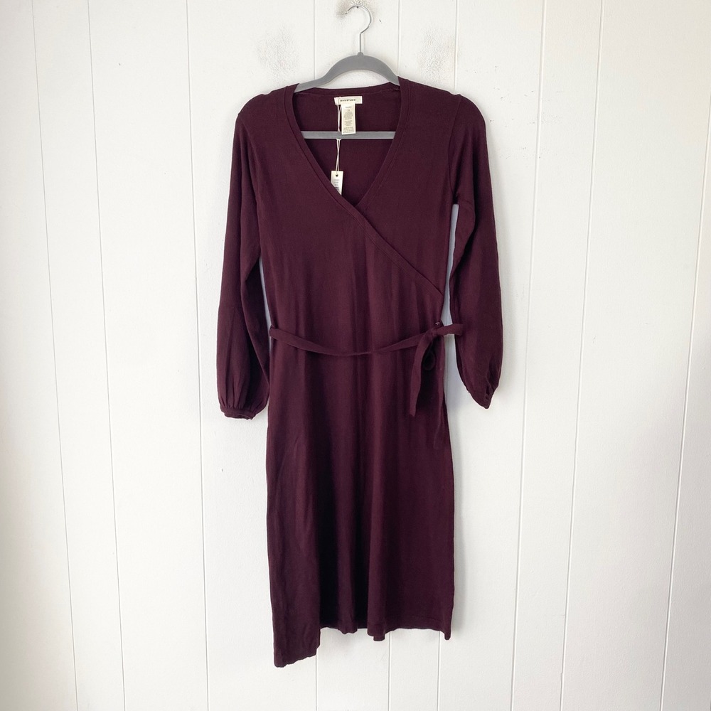 NWT Max Studio Wine Purple Faux Wrap Knit Sweater Dress Long Sleeve XS Tie Waist